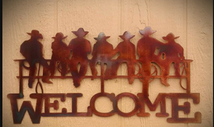 Cowboy on Fence Welcome Metal Sign